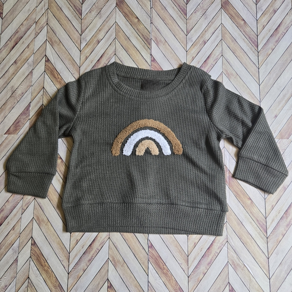 Olive Green Waffle Knit Rainbow Sweater Youth Boy Girl Long Sleeve Crewneck 3Y